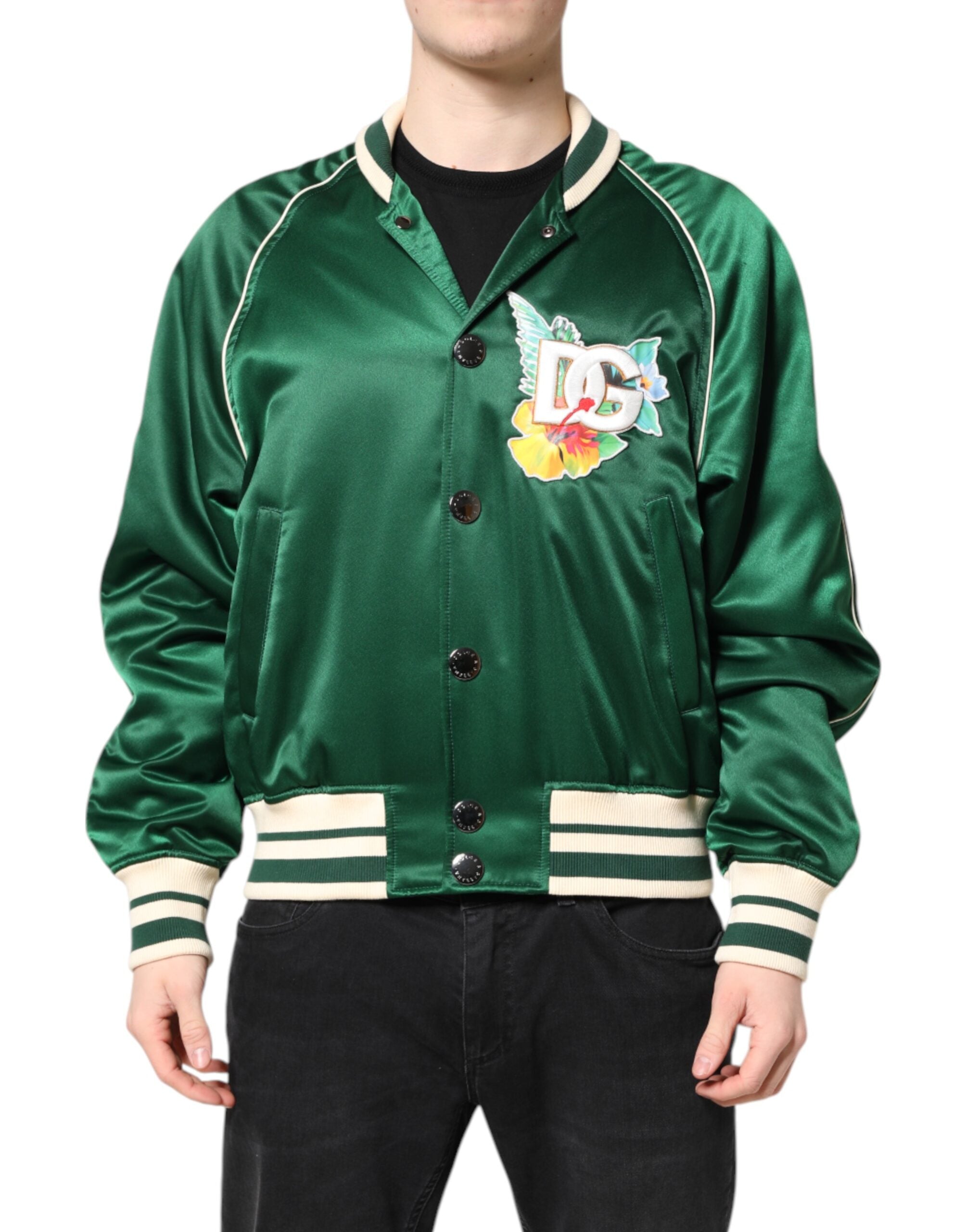 Dolce & Gabbana Green Floral DG Logo Full Zip Bomber Jacket