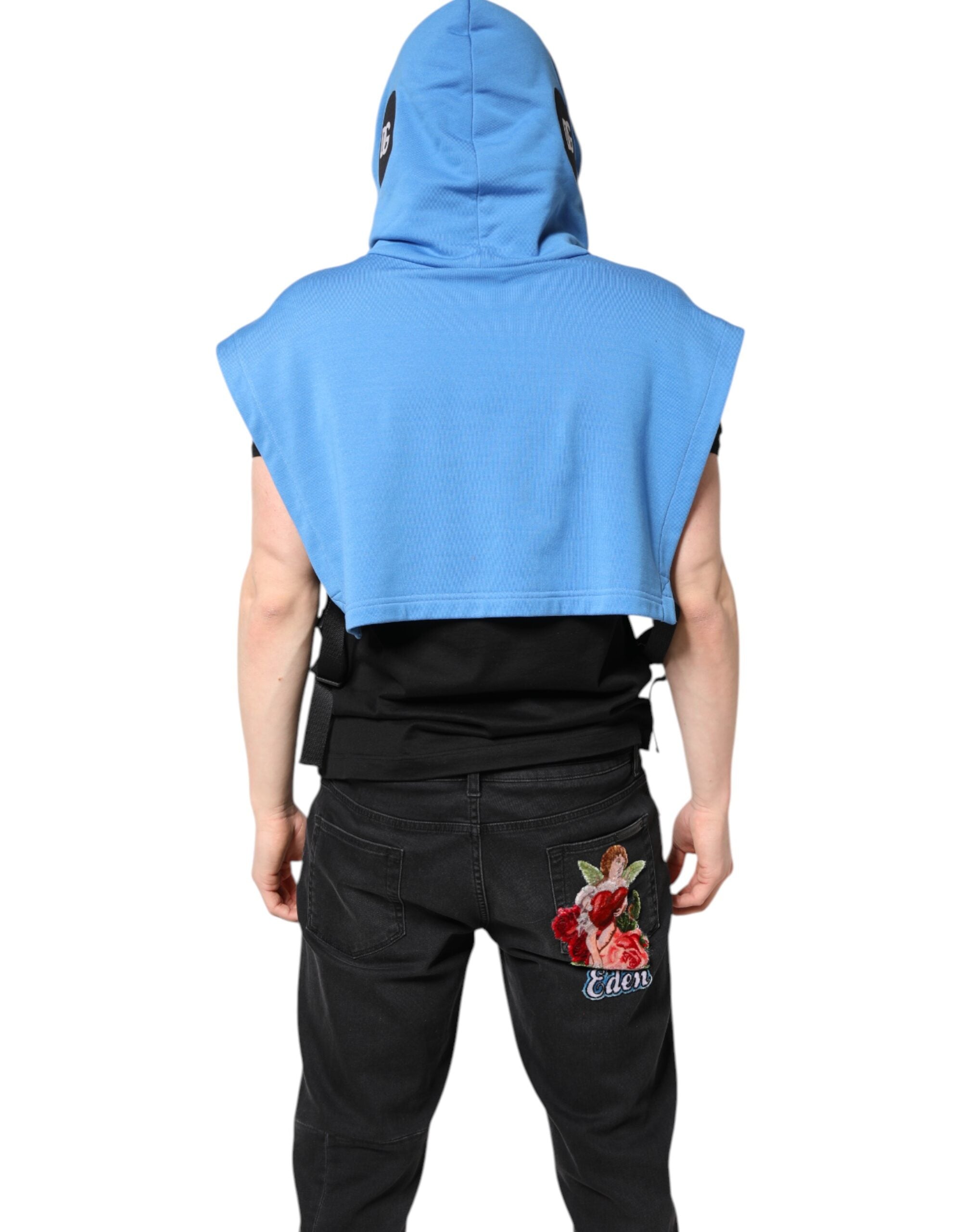 Dolce & Gabbana Blue Cotton Hooded Men Sportswear Vest Sweater