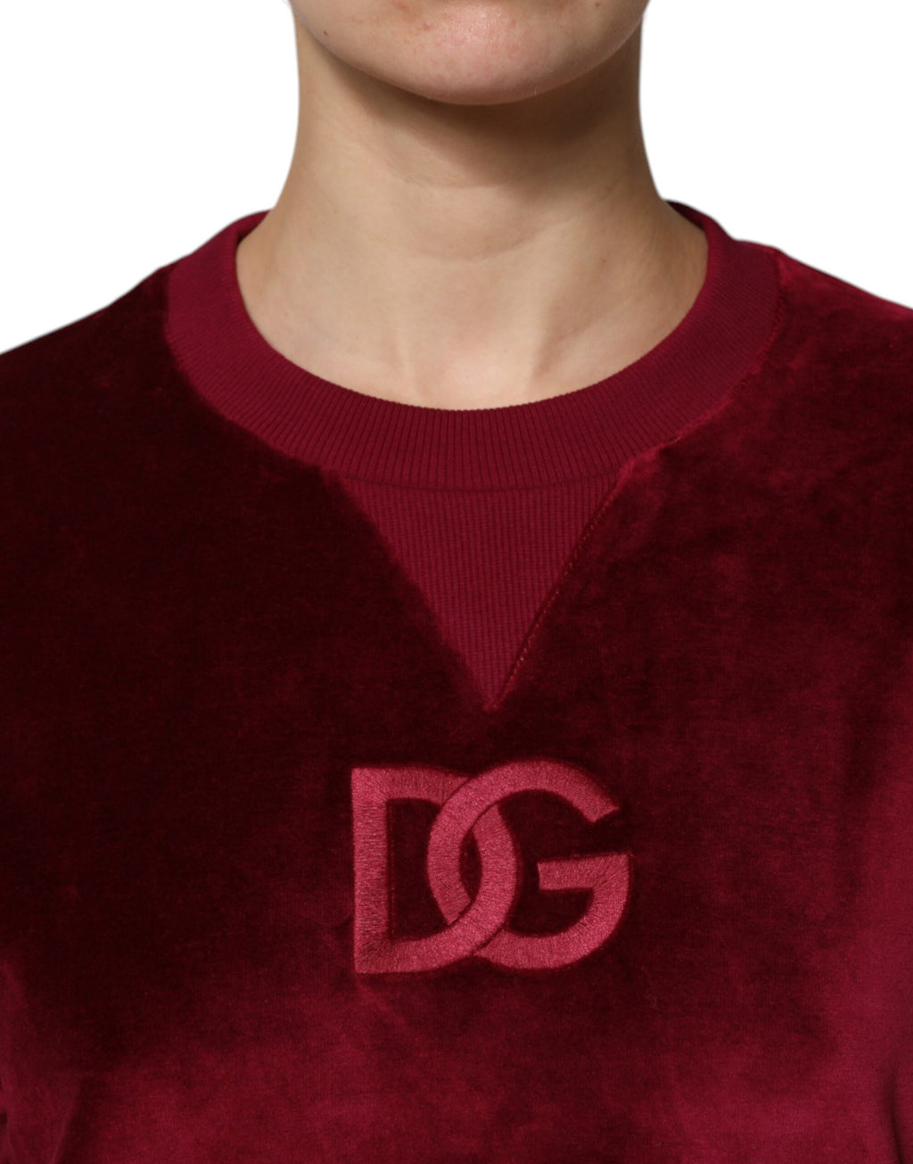 Dolce & Gabbana Czerwony Bawełniany Aksamitny Sweter z Okrągłym Dekoltem