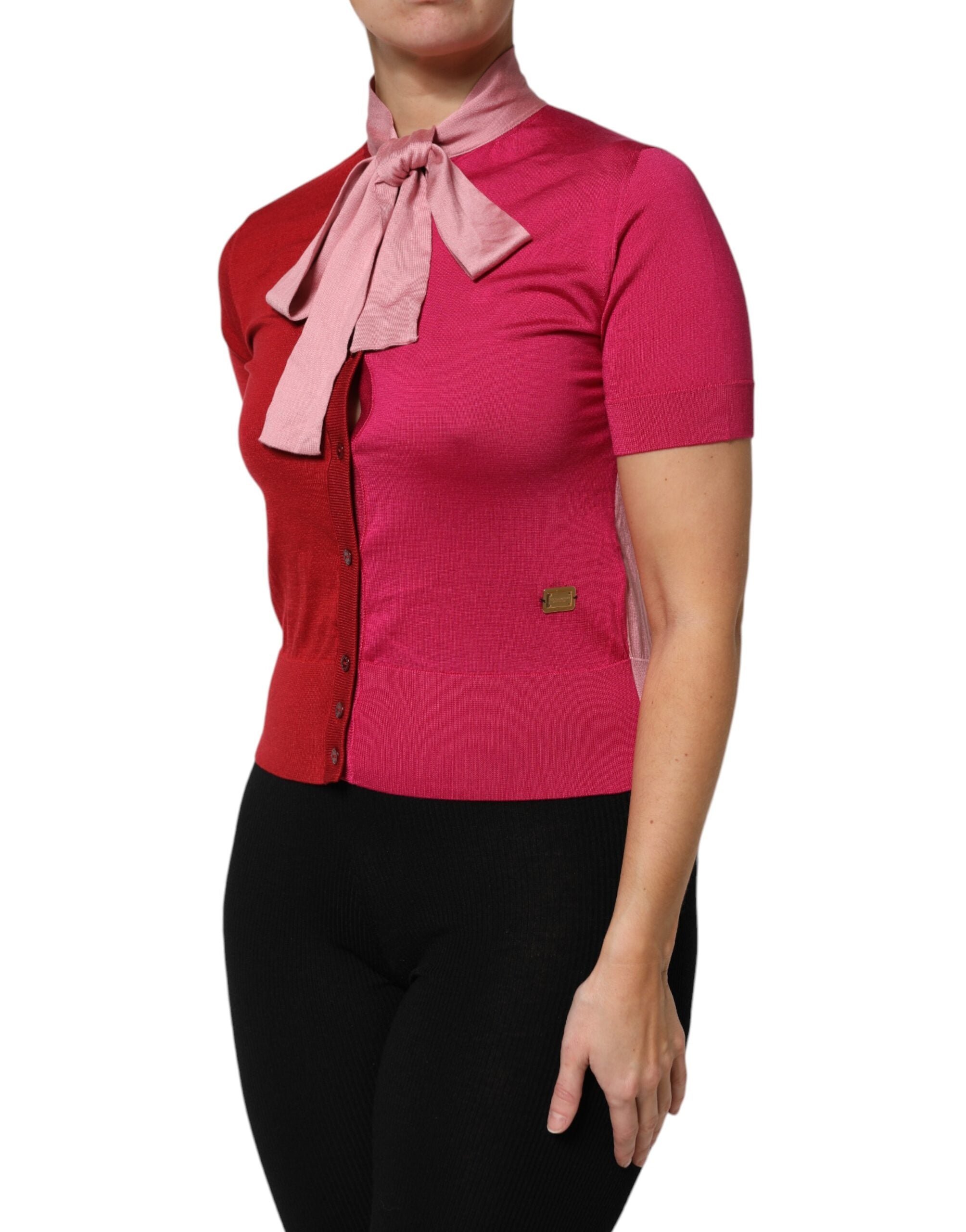 Dolce & Gabbana Pink Short Sleeves Buttoned Ascot Collar Top