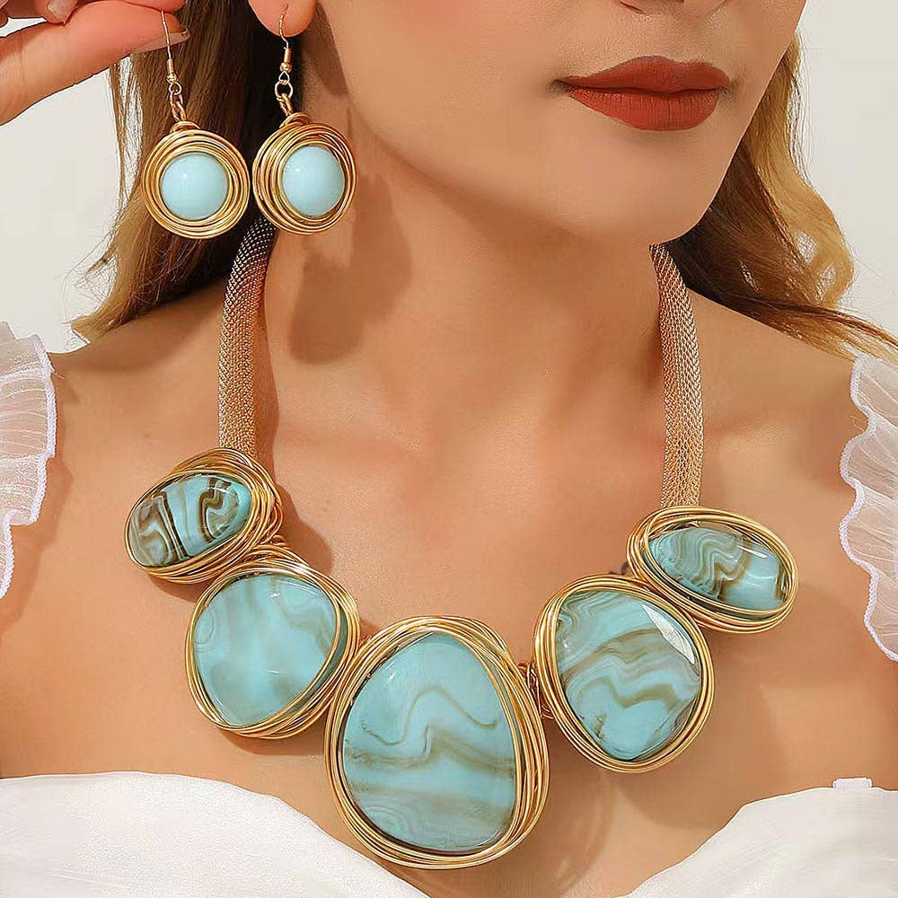 Bold Wire Wrapped Marbled Resin Link Statement Necklace: Yellow