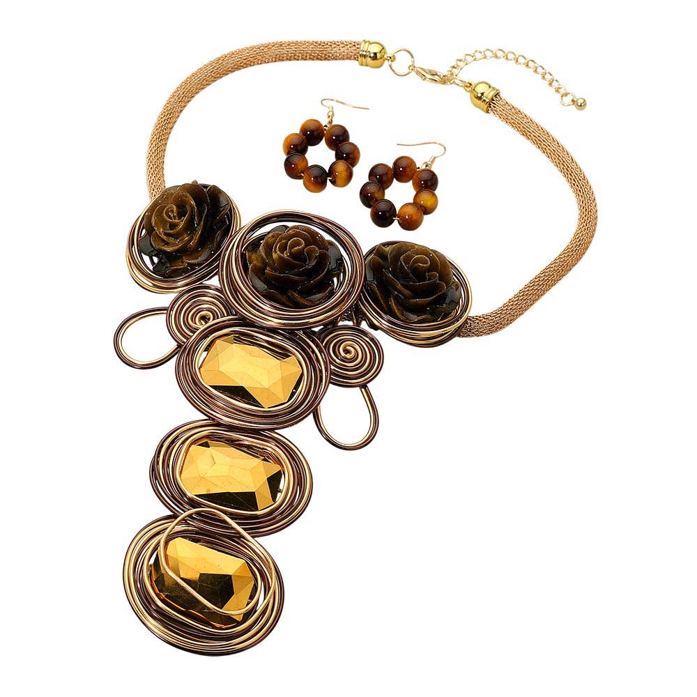 Bold Floral Accent Artistic Colorful Wire Coil Statement Necklace: Gray