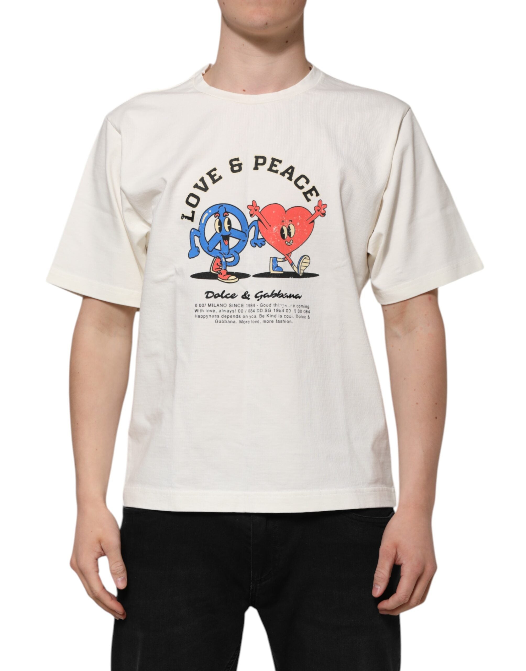 Dolce & Gabbana White Love Peace Cotton Men Crew Neck T-shirt
