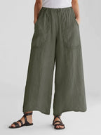 Wide Leg Cotton-Linen Pants with Pockets (One Piece)
