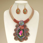 Bold Teardrop Stone Centered Metal Swirl Embellished Statement Necklace: Yellow