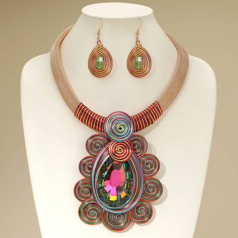Bold Teardrop Stone Centered Metal Swirl Embellished Statement Necklace: Yellow