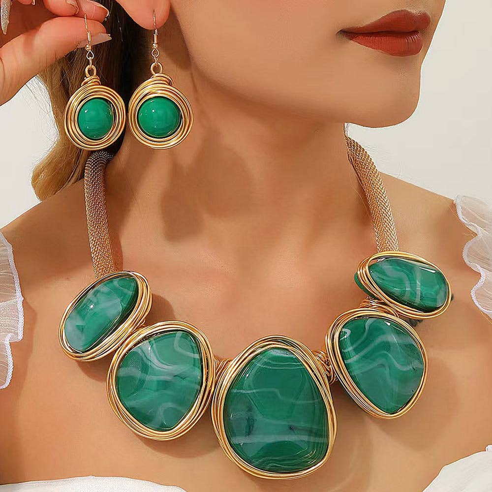 Bold Wire Wrapped Marbled Resin Link Statement Necklace: Yellow