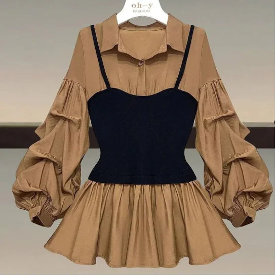 Elegant Women's Long Sleeve Blouse with Lantern Sleeves