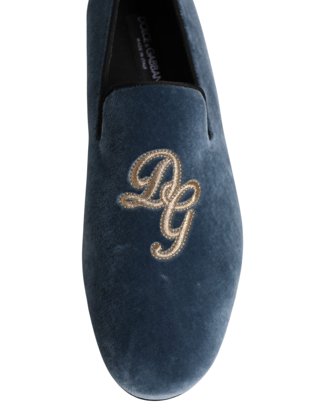 Aksamitne mokasyny Dolce & Gabbana z logo DG w kolorze niebieskim, buty wizytowe