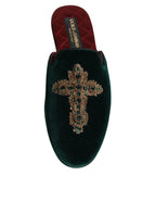 Dolce & Gabbana Green Velvet Cross Embellished Slippers Shoes
