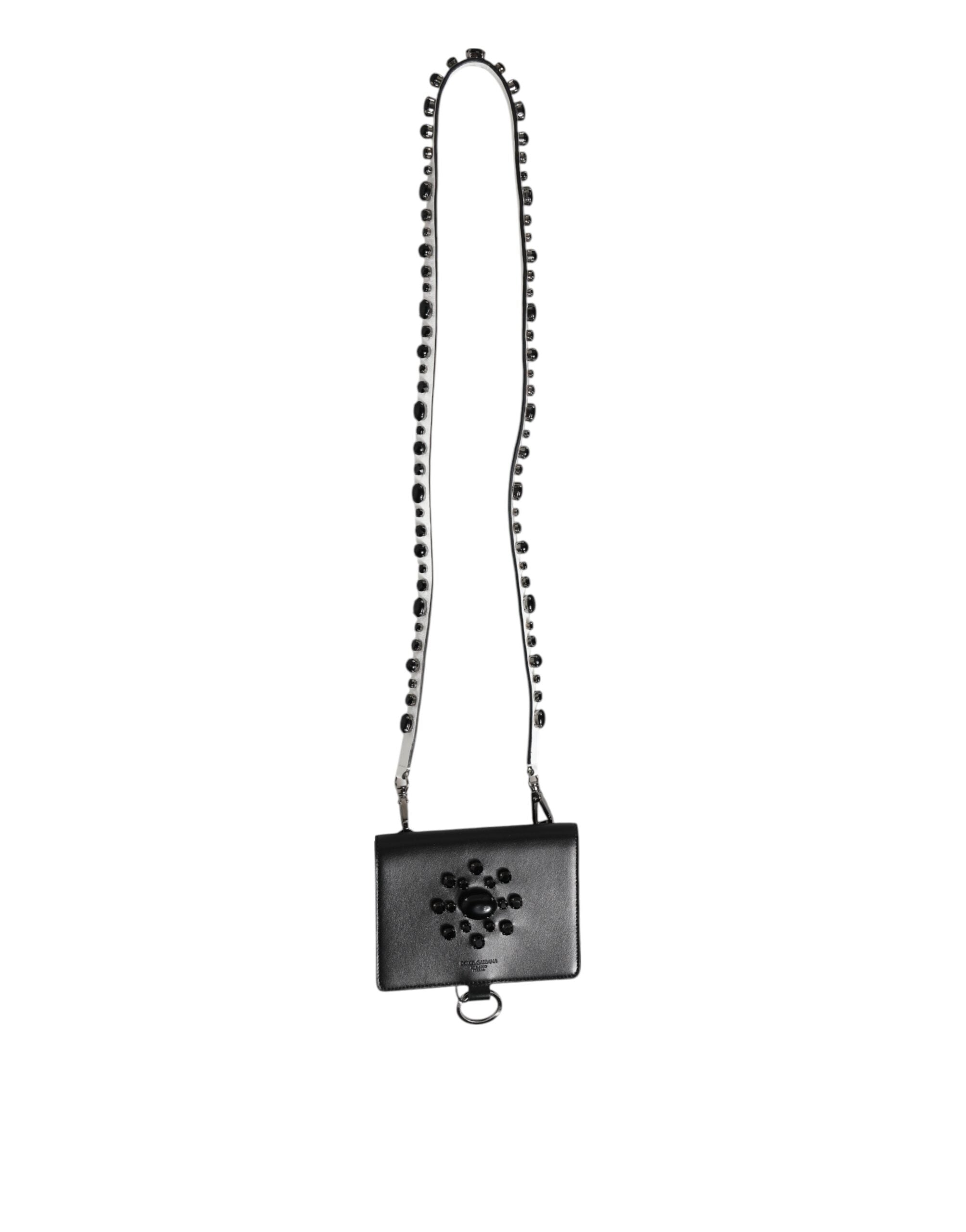 Dolce & Gabbana Black Leather Crystal Embellished Card Holder Wallet