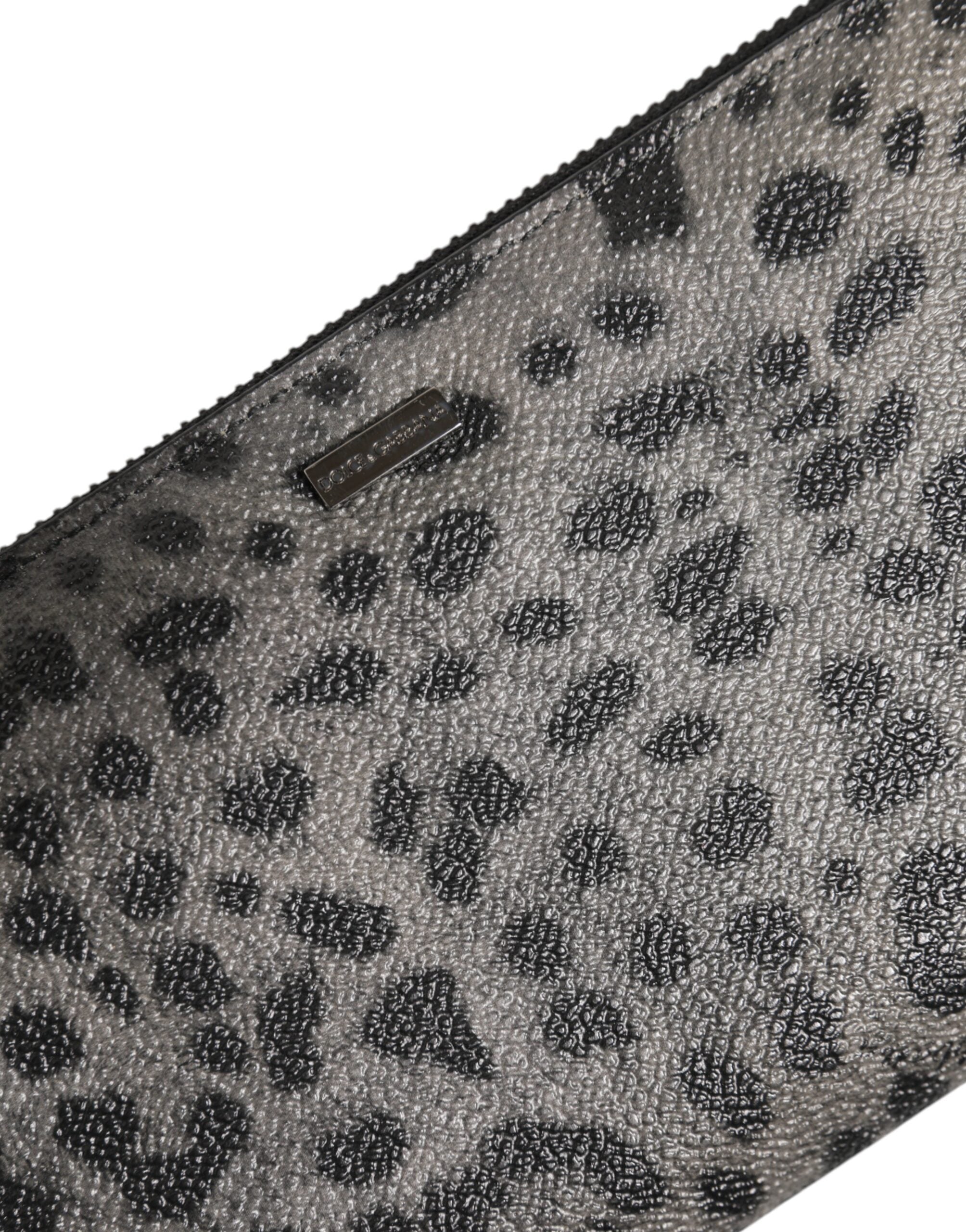Dolce & Gabbana Black Gray Leopard Leather Zip Around Continental Wallet