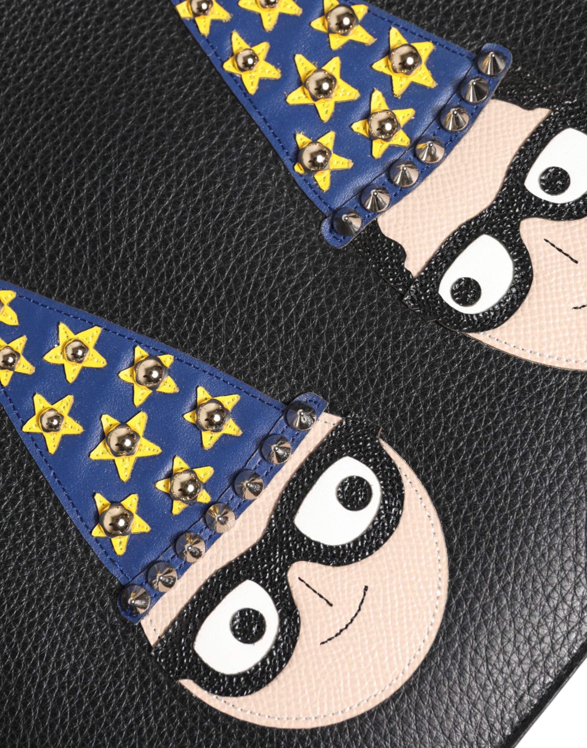 Dolce & Gabbana Black Leather #DGFAMILY Embellished Men Clutch Pouch Bag