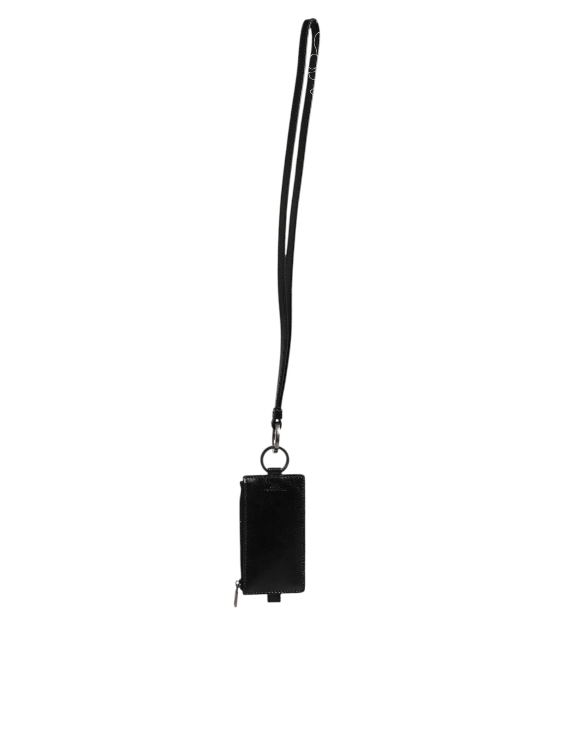 Dolce & Gabbana Black Leather Logo Embossed Lanyard Card Holder Wallet