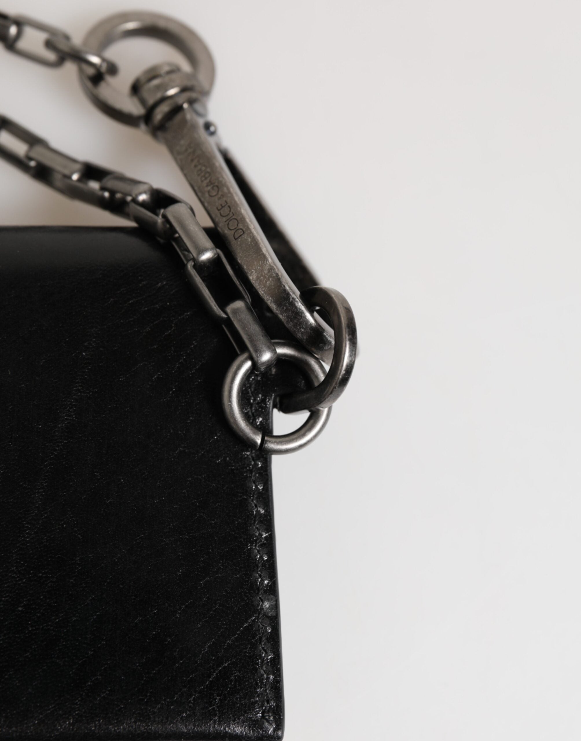 Dolce & Gabbana Black Cavallo Leather Wallet Chain Snap Bifold Card Holder