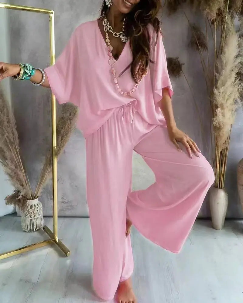 Summer V-Neck Batwing Sleeve Cotton Set