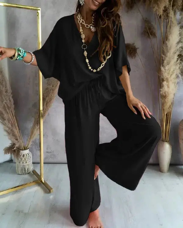 Summer V-Neck Batwing Sleeve Cotton Set