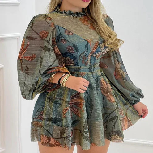 Mashow Blue Floral Print Ruffle Dress (One Piece)