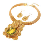 Bold Teardrop Stone Centered Metal Swirl Embellished Statement Necklace: Yellow