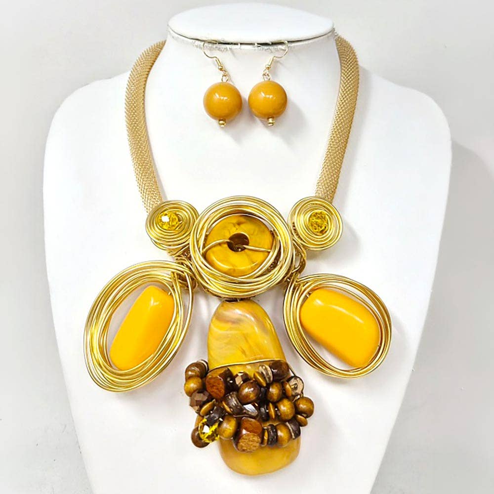 Bold Resin Beaded Wired Statement Necklace: Brown,Gold
