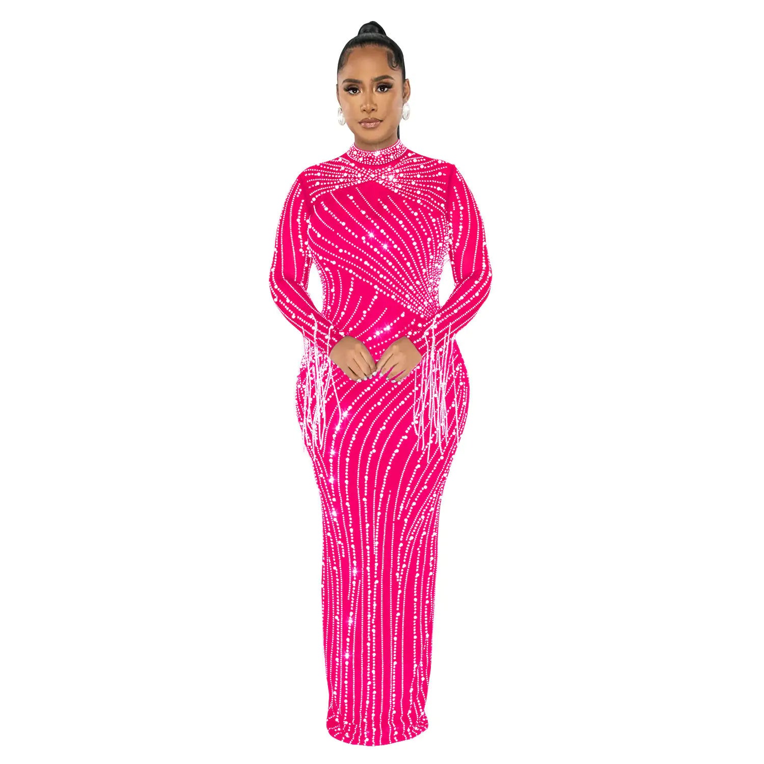 Women's Rhinestone Long Sleeve Mesh Dress Set