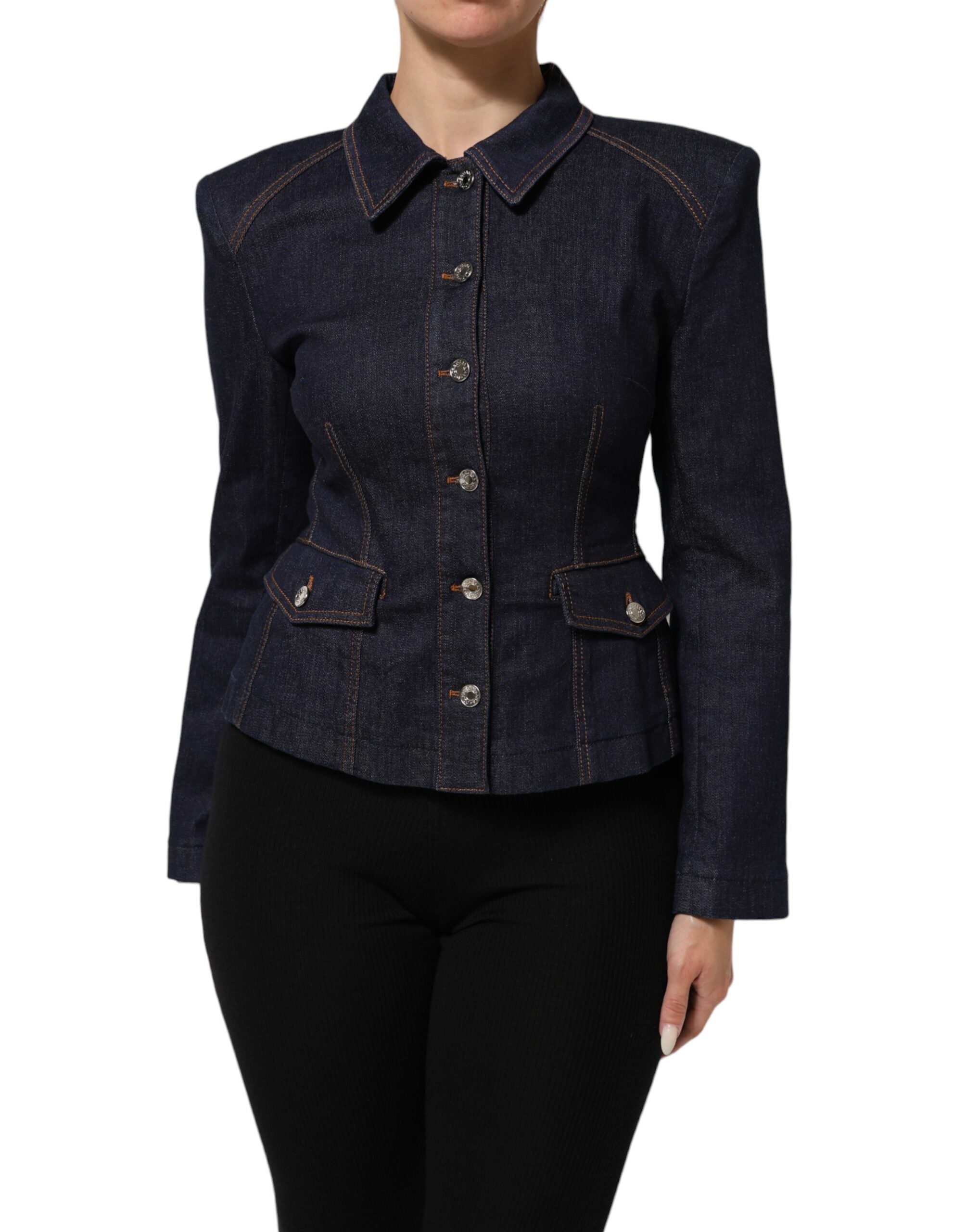 Dolce & Gabbana Dark Blue Cotton Collared Denim Coat Jacket