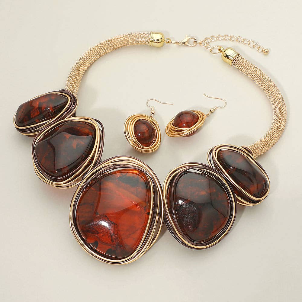 Bold Wire Wrapped Marbled Resin Link Statement Necklace: Yellow
