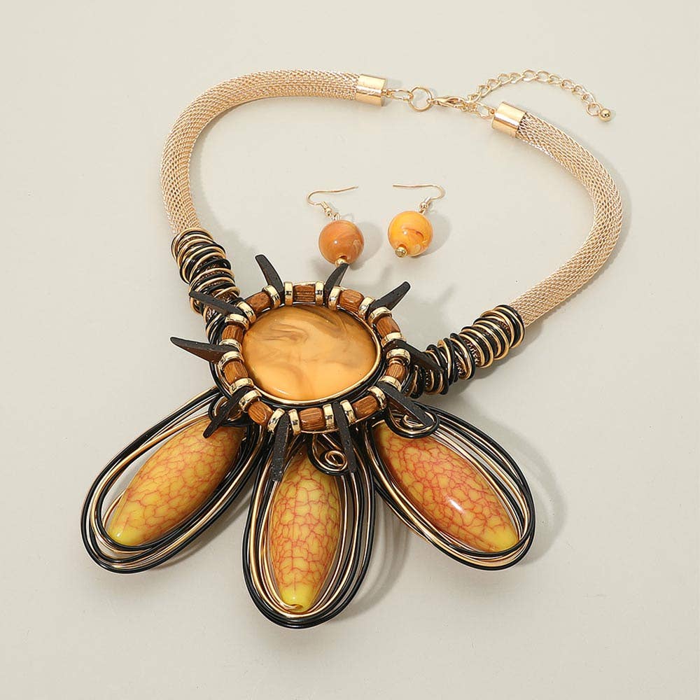 Bold Resin Wired Petal Bloom Statement Necklace Set: Gold,Pink