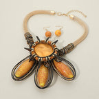 Bold Resin Wired Petal Bloom Statement Necklace Set: Gold,Pink