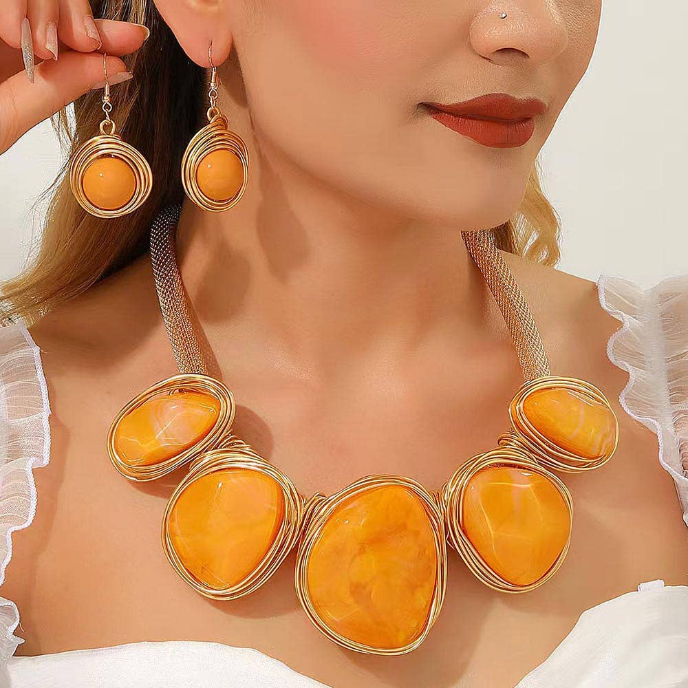 Bold Wire Wrapped Marbled Resin Link Statement Necklace: Yellow