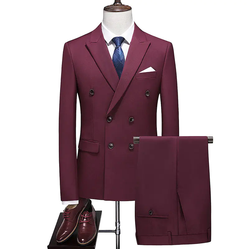 Men's Double Breasted Solid Color Coat and Trouser Suit with Lapel