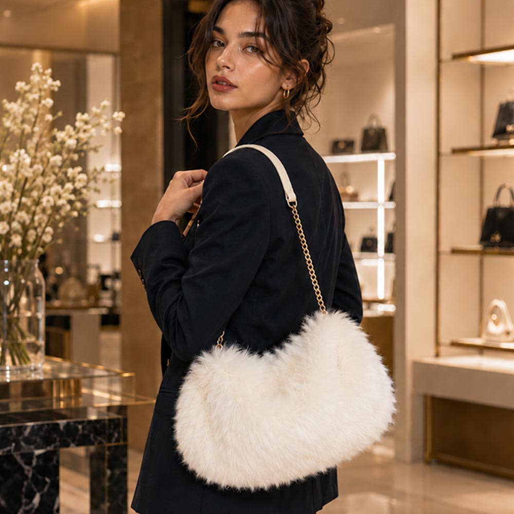 Fluffy Faux Fur Chain Strap Shoulder Handbag: Black
