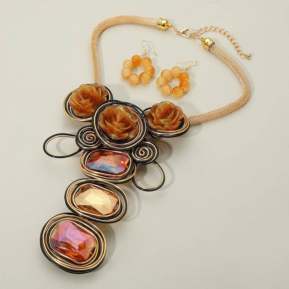 Bold Floral Accent Artistic Colorful Wire Coil Statement Necklace: Gray