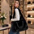Solid Plush Faux Fur Shoulder Tote Bag: Beige