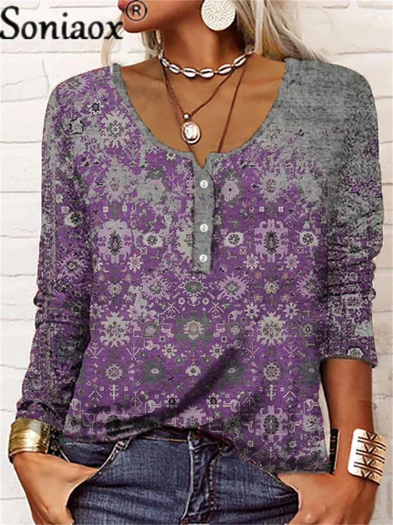 Vintage Women's Elegant Printed Loose Long Sleeve Tee