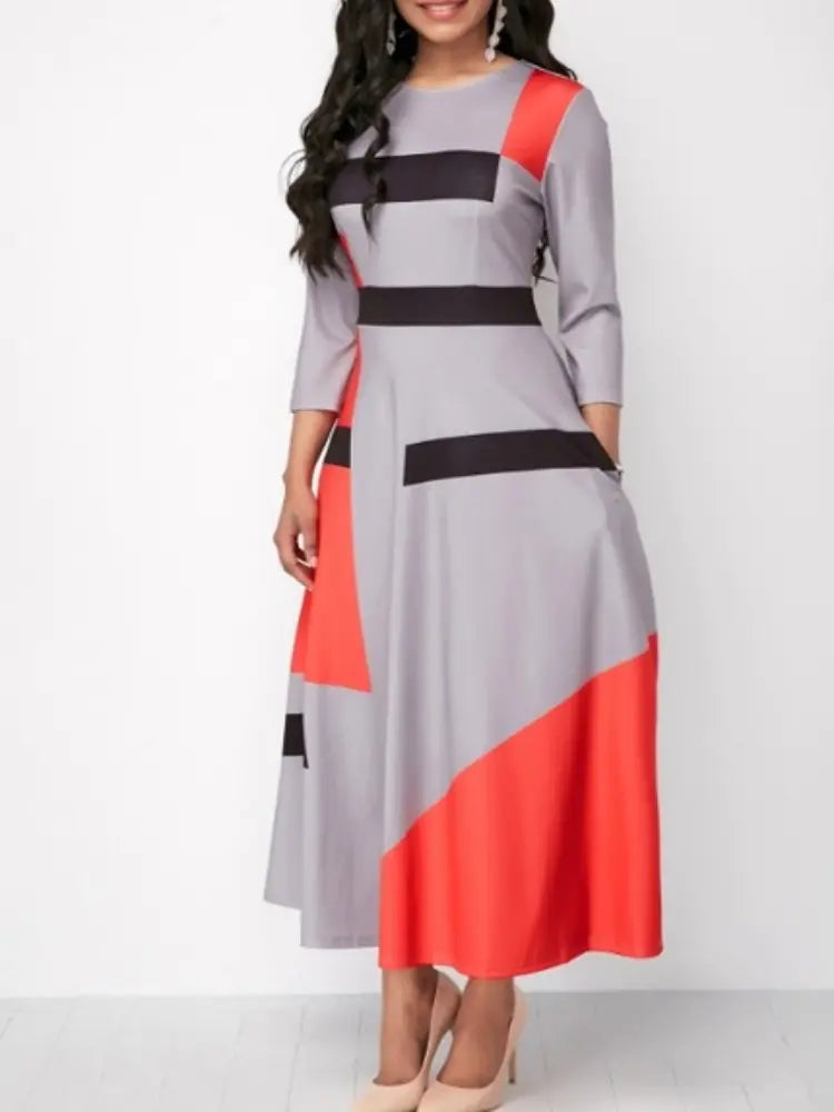 Plus Size Color Block Geometric Print Long Dress