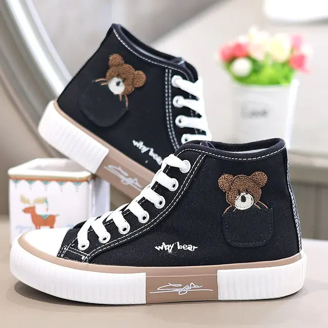 Women's High-Top Bear Pocket Canvas Sneakers
