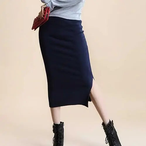 Mid-Waist Ribbed Knit Sheath Split Skirt
