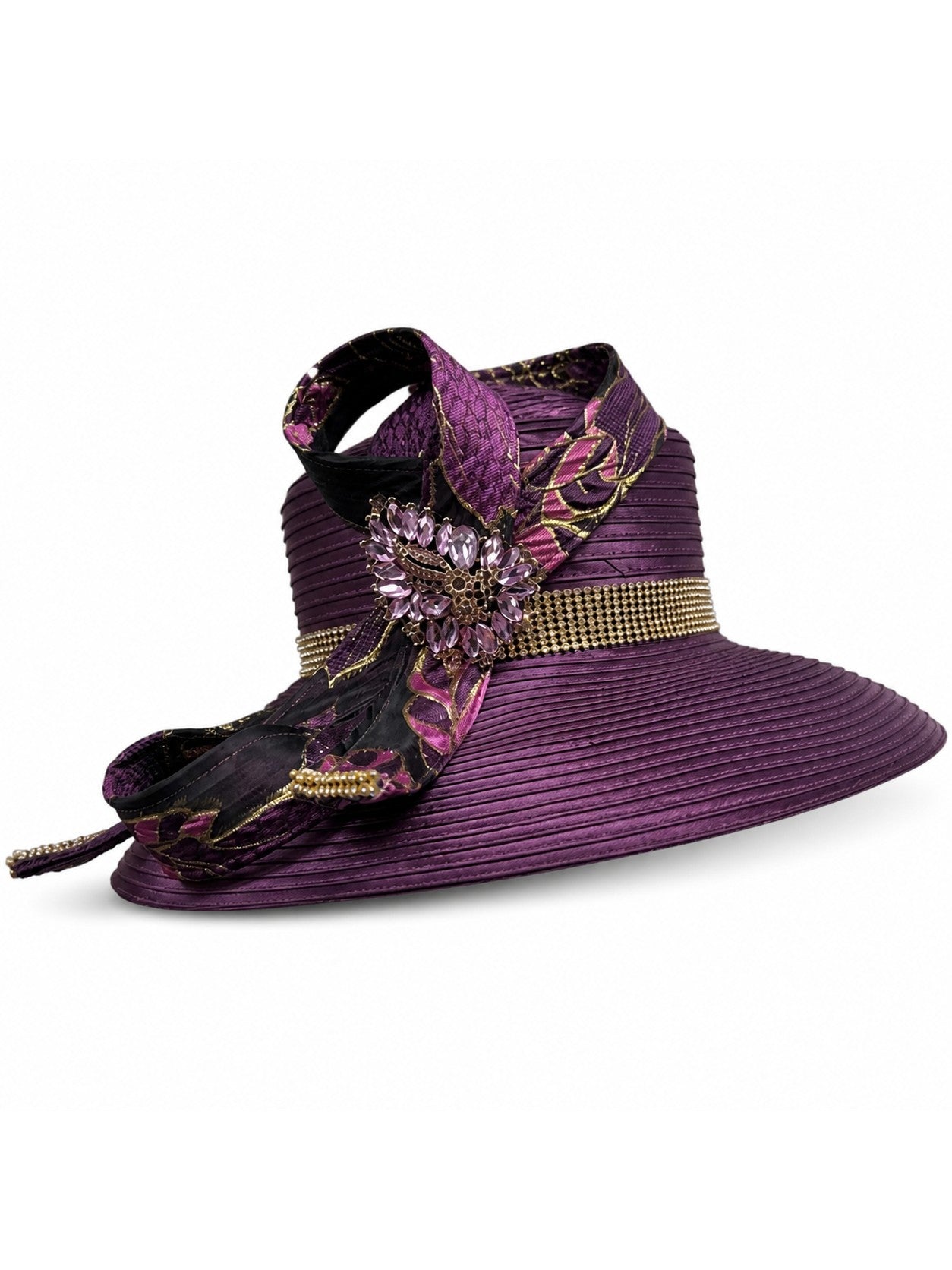 Giovanna Plum Elegance Wide-Brim Hat w/ Jeweled Floral Bow, Style HG1341