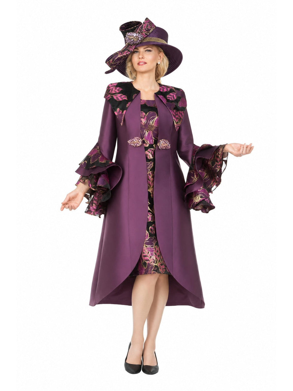 Giovanna Floral Brocade Dress &Silky Twill Ruffle Coat Set, Style G1341