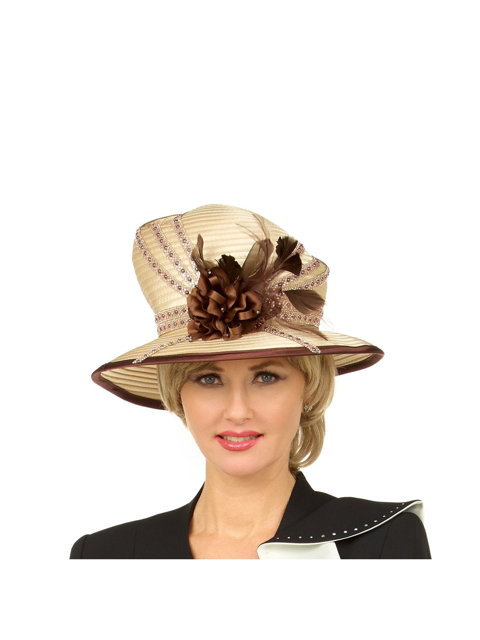 Giovanna Med Brim 2-tone Ribbon Hat w/ Flower, Style HR22156