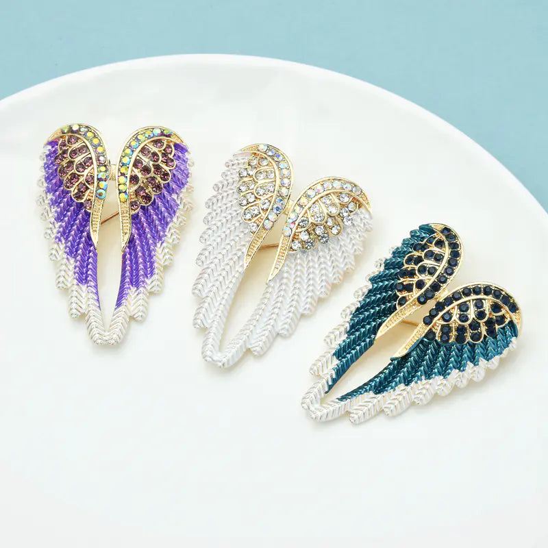 Three-Dimensional Diamond Angel Wing Brooch