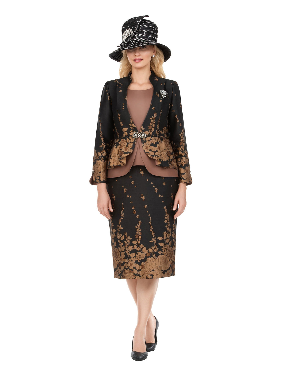 Giovanna 3pc Floral Print Brocade Peplum Jkt Skt Suit-Plus, Style G1154W
