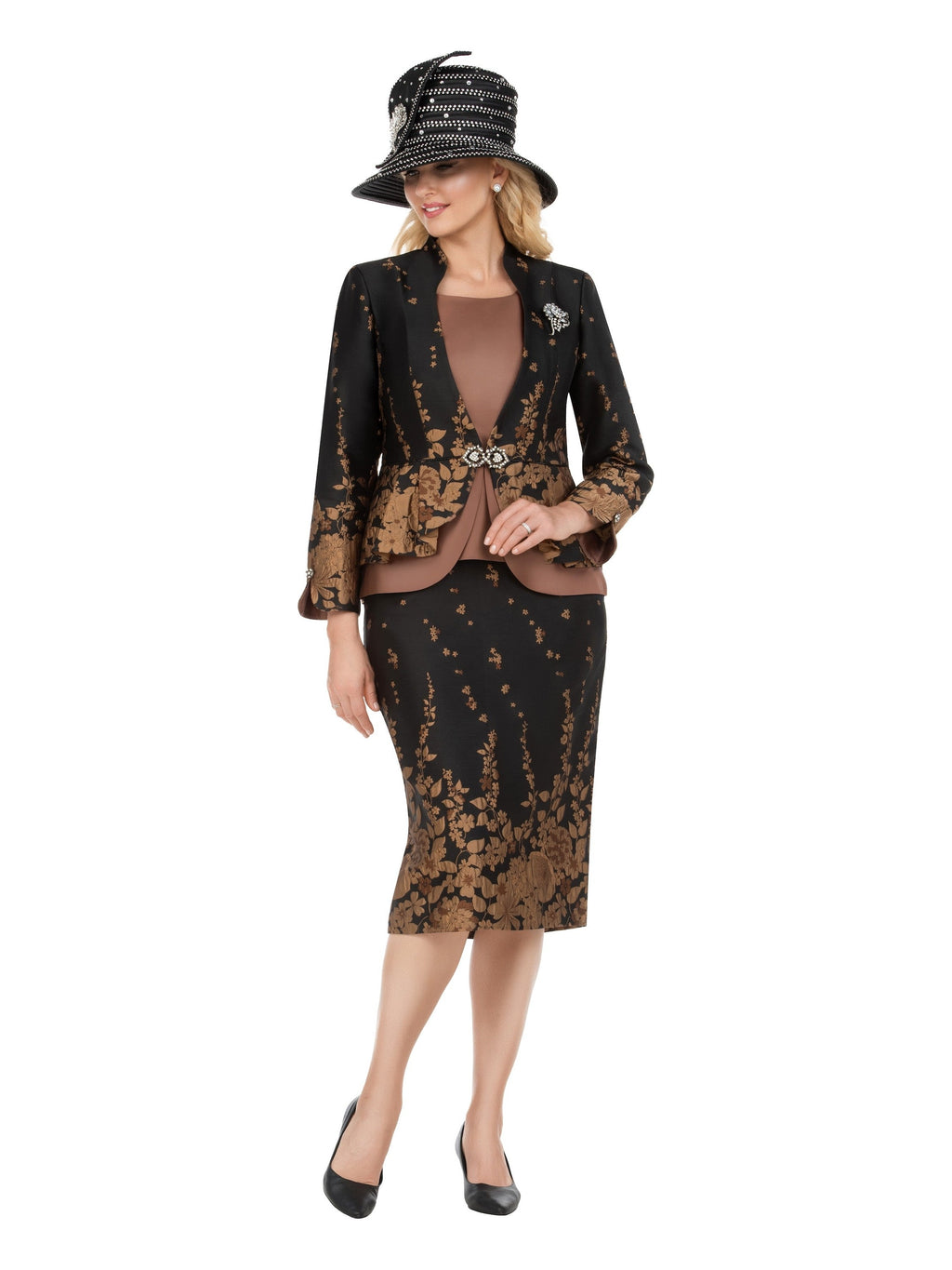 Giovanna 3pc Floral Print Brocade Peplum Jkt Skt Suit-Plus, Style G1154W