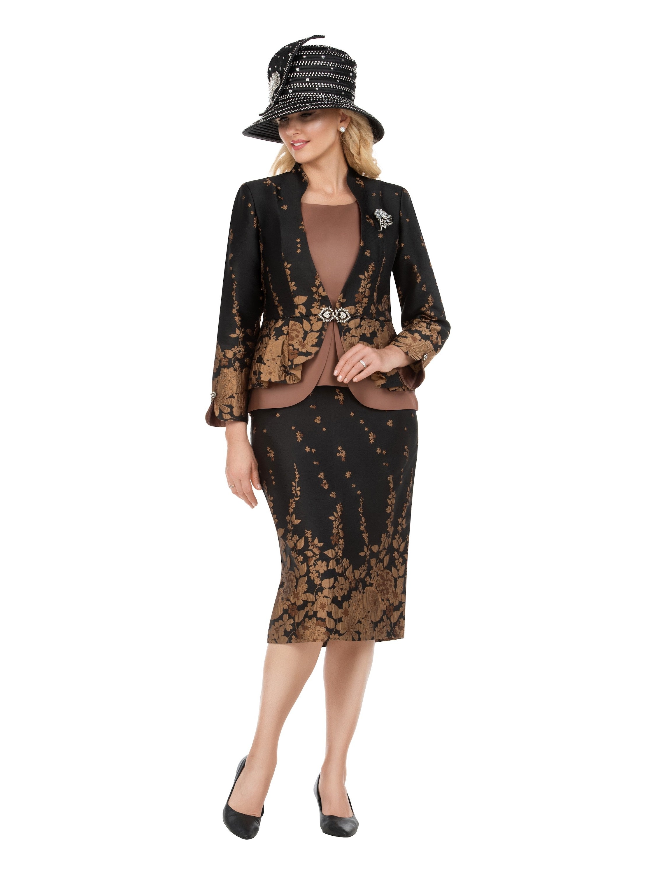 Giovanna 3pc Floral Print Brocade Peplum Jkt Skt Suit-Plus, Style G1154W