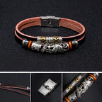 Vintage Chinese Dragon Bracelet, Stainless Steel & Leather