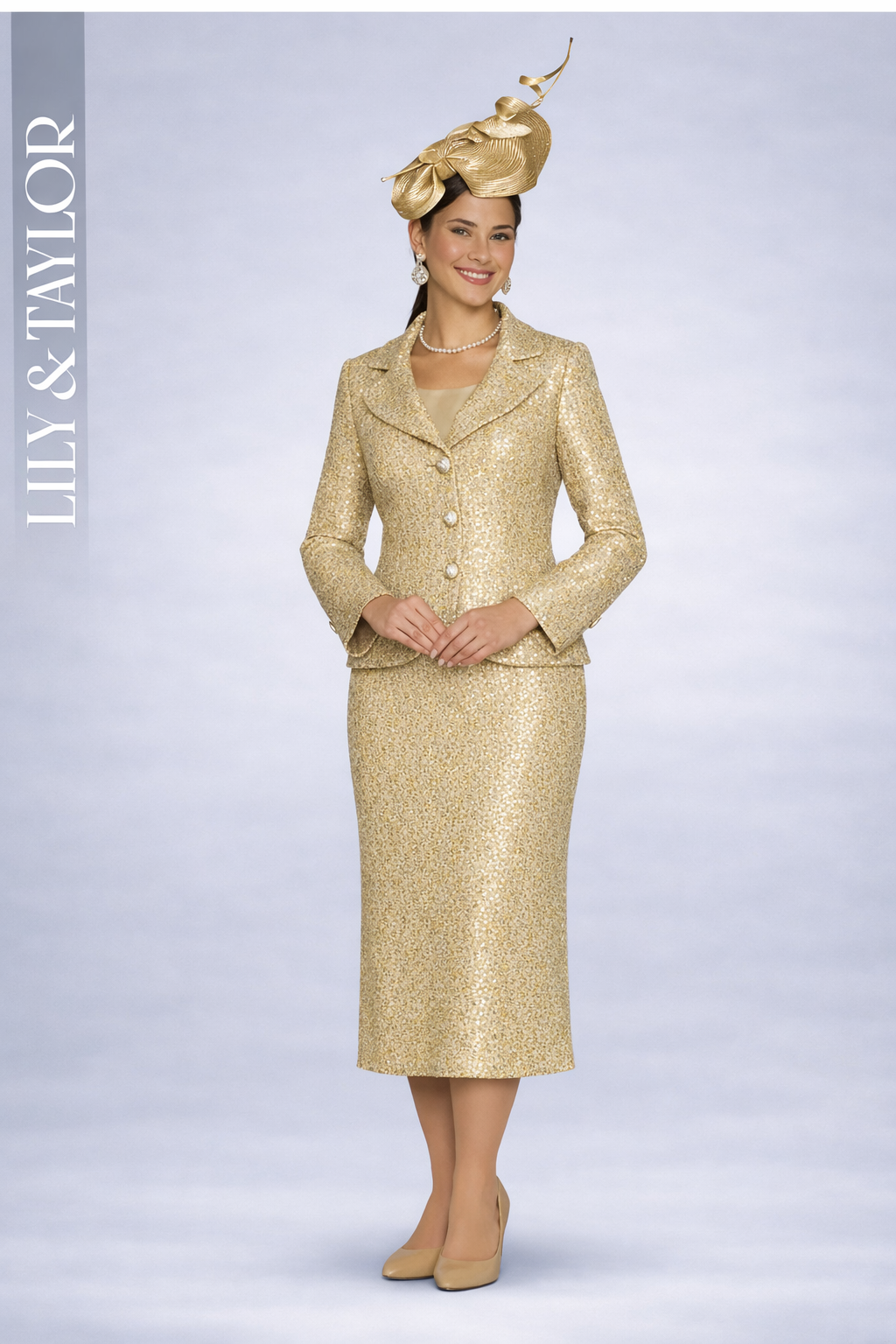 Lily & Taylor 2PC Fine Light Shimmer Tweed Skirt Suit w/Rhinestone, Style 5185