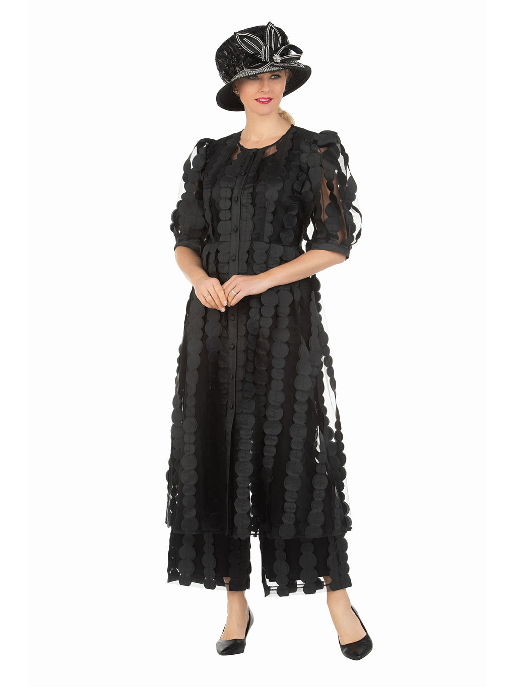 3pc Sheer Long Jkt, Cami+Pants Set