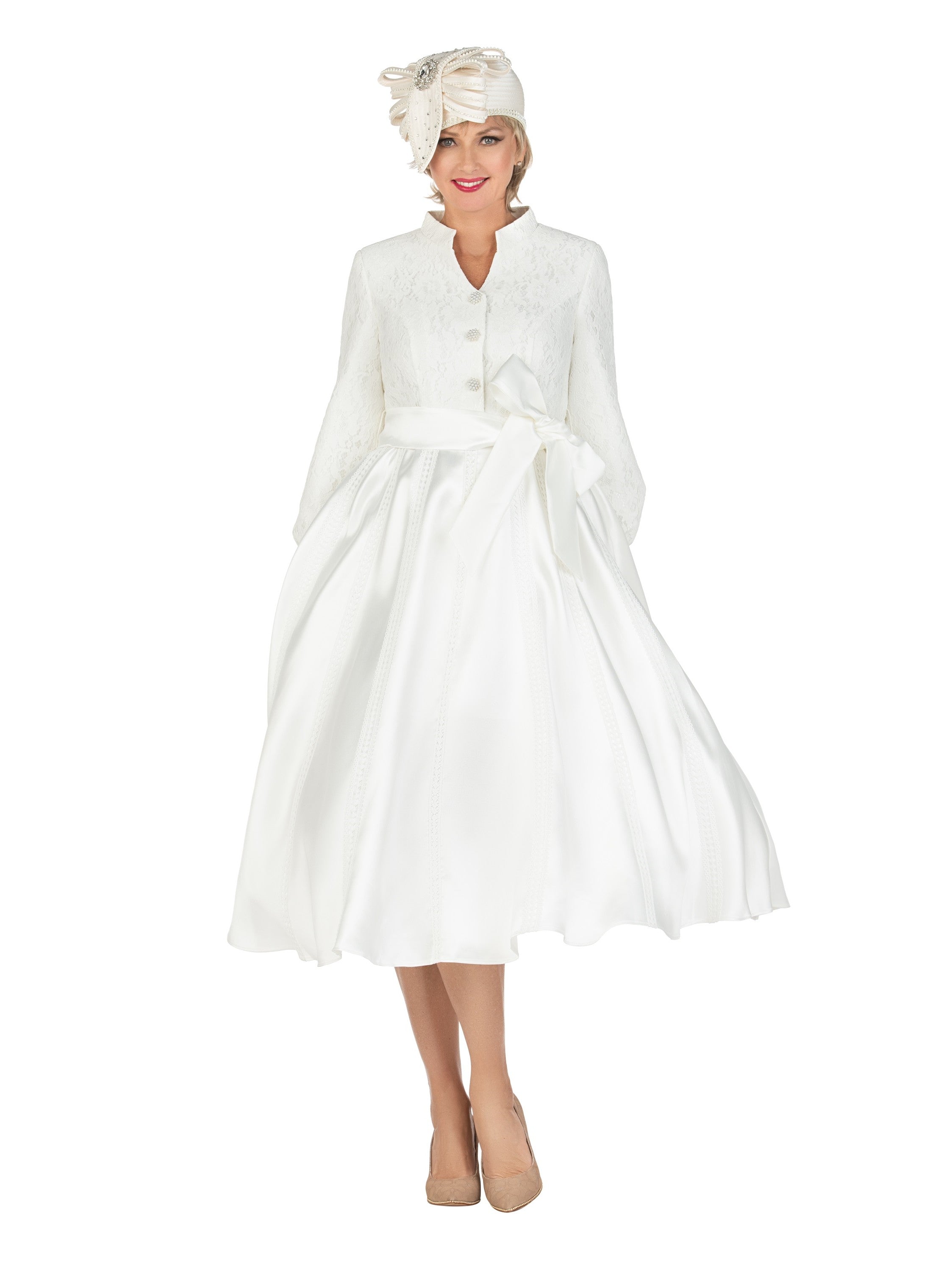 Balloon Slv Lace&Twill A-line Drs w/ Belt-Plus