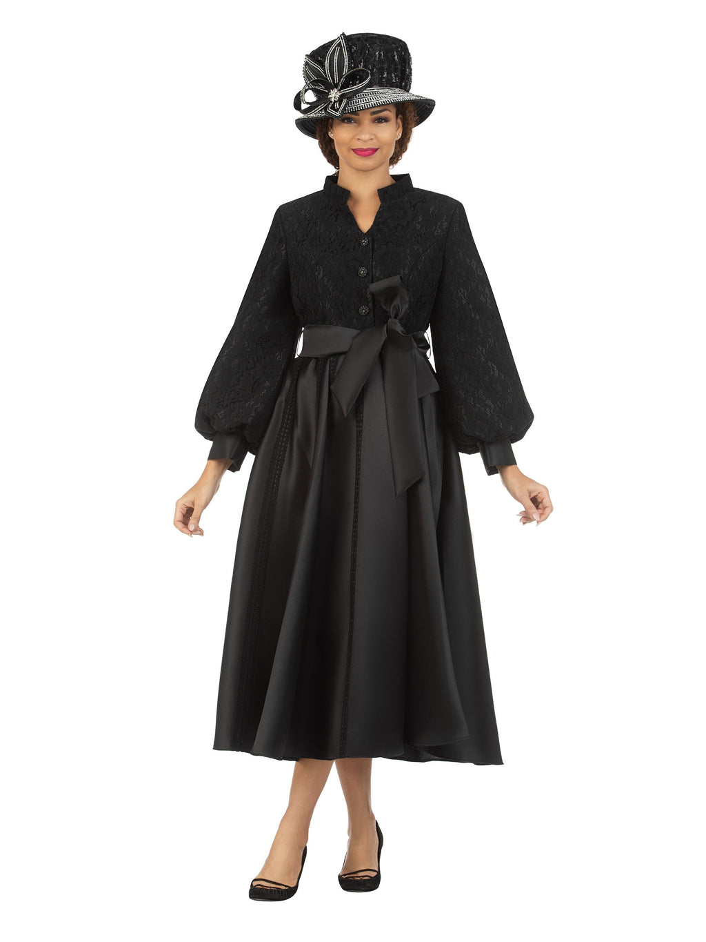 Balloon Slv Lace&Twill A-line Drs w/ Belt-Plus